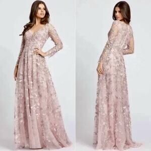 Mac Duggal Floral Applique Long Sleeve Illusion Gown Rose Pink Size 12 Feminine